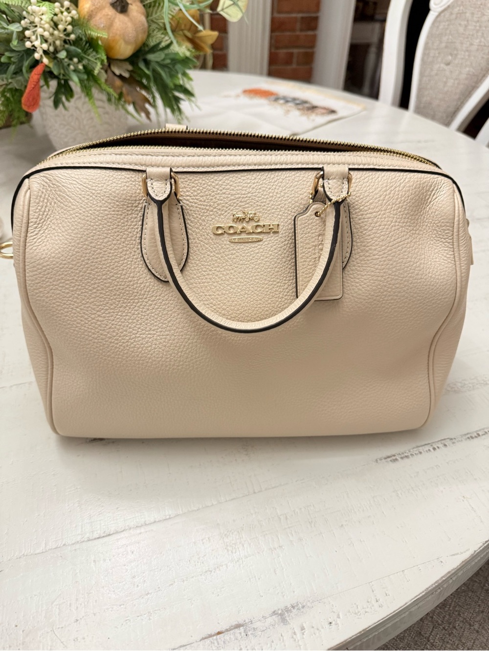 Coach Cream Pebbled Leather Satchel with Gold Hardware